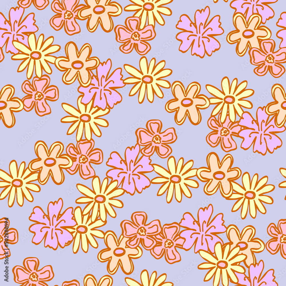 Hand drawn doodle purple seamless wallpaper with pink, yellow flowers. Cute vector pattern for paper, fabric, book, bedroom, children.