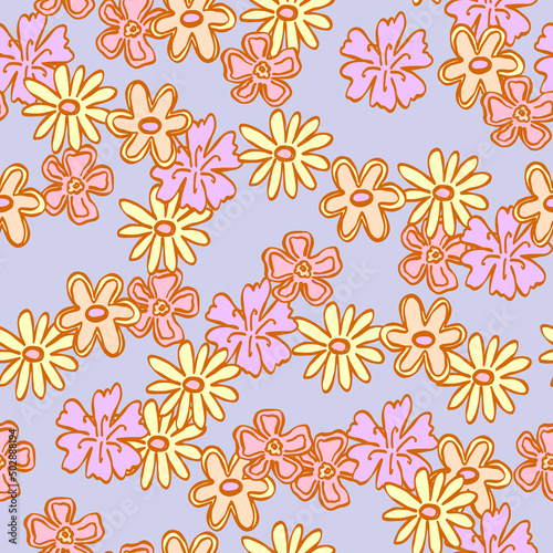 Hand drawn doodle purple seamless wallpaper with pink  yellow flowers. Cute vector pattern for paper  fabric  book  bedroom  children.