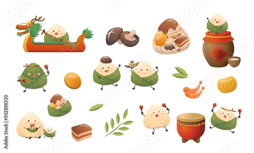 Chinese festivals: Dragon Boat Festival cute and playful zongzi cartoon characters, bamboo leaf stuffing mushrooms, shrimp, chestnuts, pork, and wine drum elements set © wen