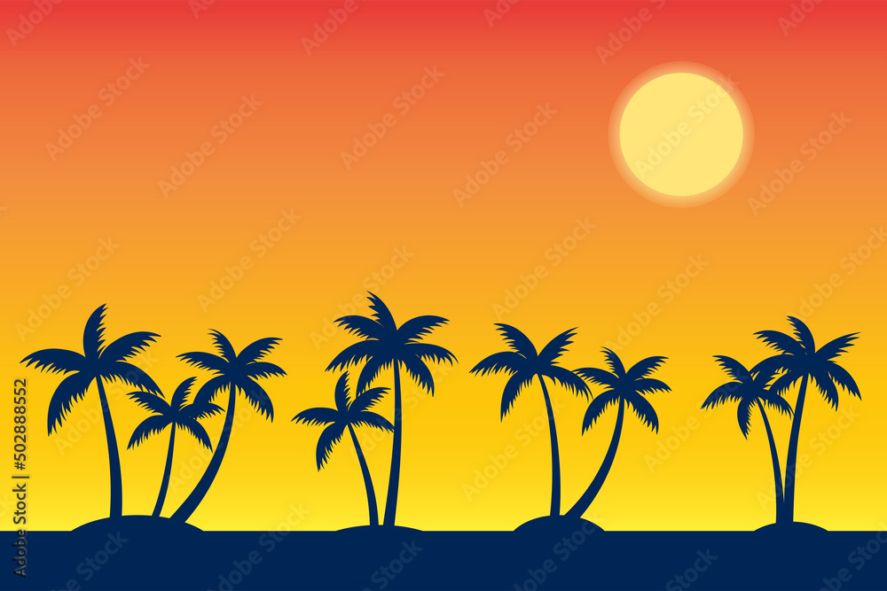 Summer tropical beach background with palms tree seascape sunrise and sunset.