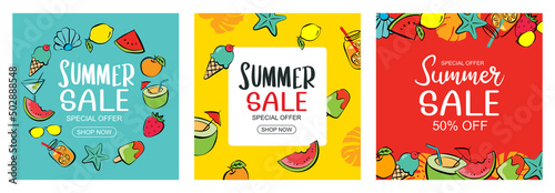 Summer sale banner cover template background. Summer discount special offer in hand drawn style.