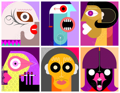 Six Portraits modern art layered vector illustration. Composition of six different abstract images of human face. 