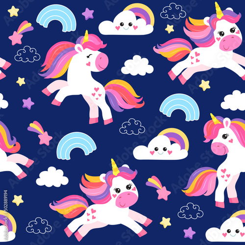 colorful seamless patterns with unicorns in cartoon style for kids. vector illustration