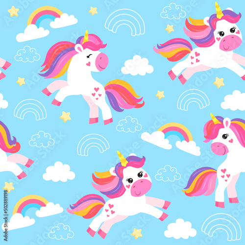 colorful seamless patterns with unicorns in cartoon style for kids. vector illustration