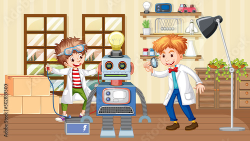 Laboratory scene with scientist cartoon character