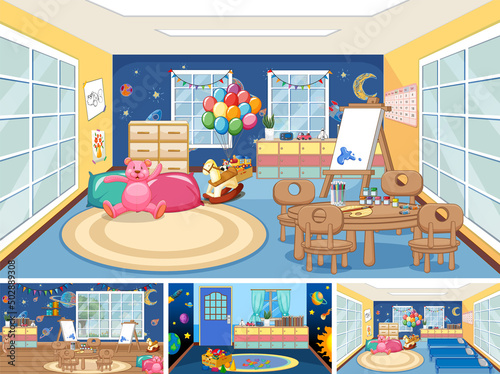 Set of different kindergarten classroom scenes
