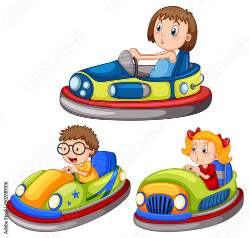 Set of different kids driving bumper cars in cartoon style