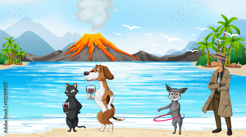 Outdoor beach scene with many dogs and camels