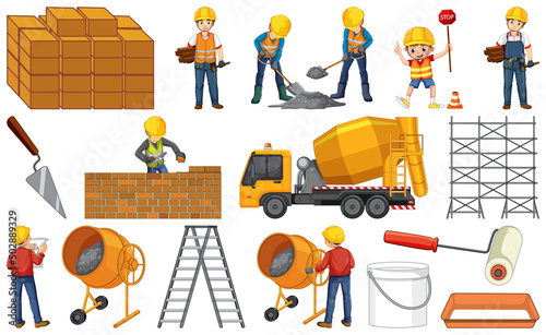 Set of construction site objects and workers