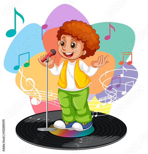 Singer boy cartoon character with melody symbols