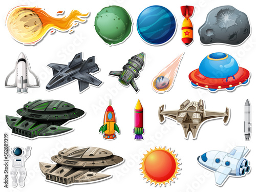 Sticker set of outer space objects and astronauts