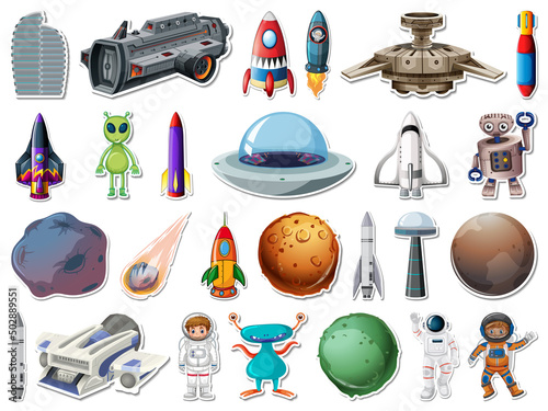 Sticker set of outer space objects and astronauts