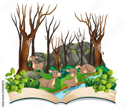 Nature scene with many trees and deers