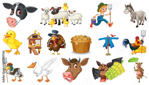 Many farm animals on white background