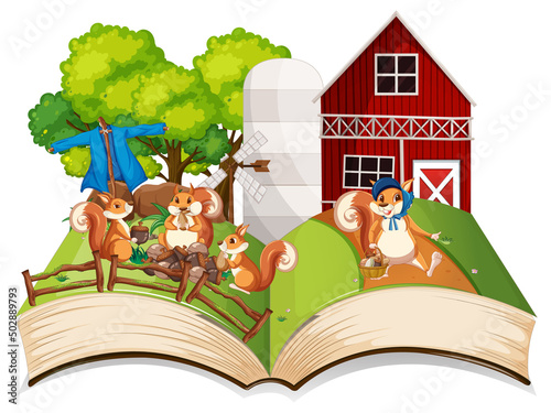 Farm scene with many squirrels by the barn