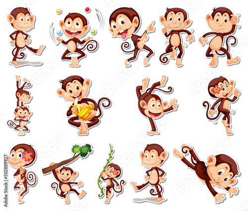 Sticker set of funny monkey cartoon characters