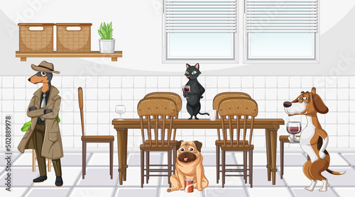 In house scene with dogs drinking wine