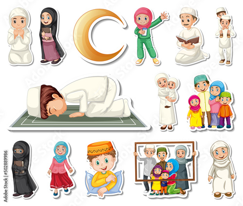 Sticker set of Islamic religious symbols and cartoon characters