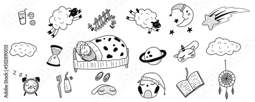 Sleep, relax bed time, dream night doodle sketch set. Concept comfort night sleep time. Hand drawn style children, sheep, moon, clock element. Vector illustration on white background.