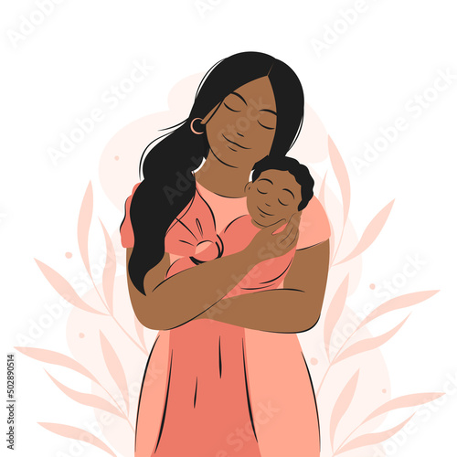 Woman with dark hair and skin is holding newborn baby. Family, maternity and breastfeeding concept. Happy Mother's Day. Vector illustration.