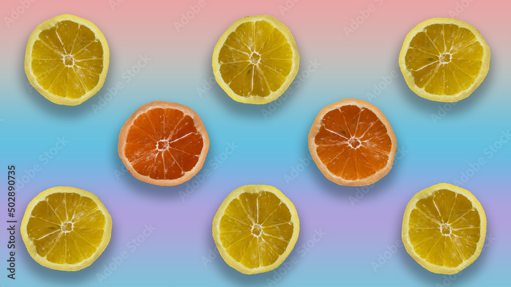 Fototapeta premium Lemons and oranges wedges on pink background