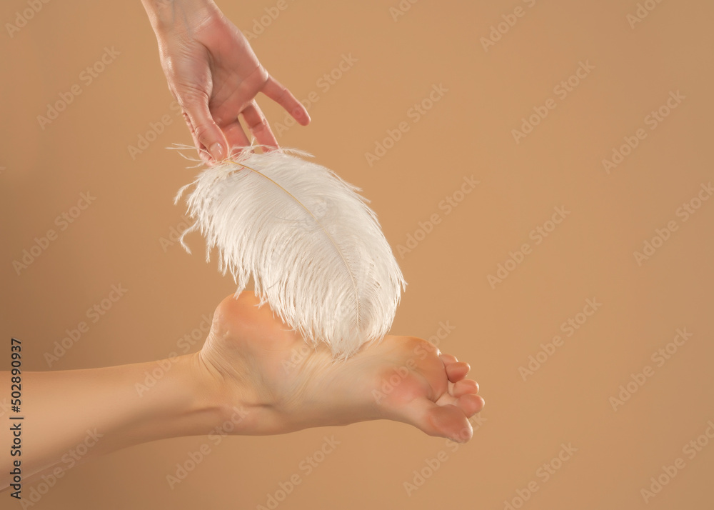 Naklejka premium Young Woman's Hand Touhing Her Feet With White Feather On Beige Background. Beautiful Body Care Concepts