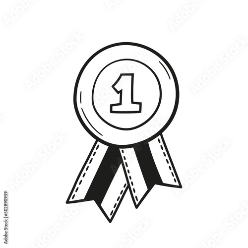 Award rosette doodle icon. Hand drawn medal with first place as winner concept. Vector sketch illustration on white background.