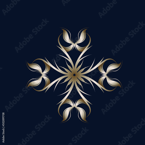 Flower logo.Decorative abstract icon isolated on dark background.Bloom petals sign.Organic shapes.Ornamental style emblem.Gold color. 