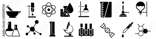 Chemical lab vector icon set. laboratory illustration sign collection. Chemistry and biotechnology symbol.
