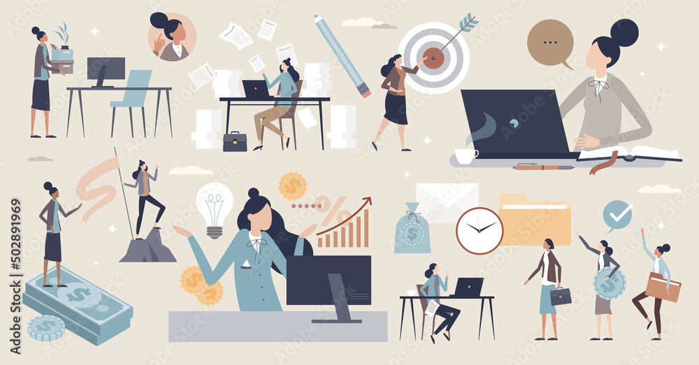 Business woman and female company leader or boss tiny person collection set. Successful leadership and professional career growth with ambitious attitude vector illustration. Girl items and elements. Business woman and female company leader or boss tiny person collection set. Successful leadership and professional career growth with ambitious attitude vector illustration. Girl items and elements.