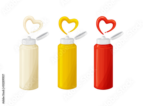 Bottles of mayonnaise,ketchup,mustard sauce with heart splash realistic style