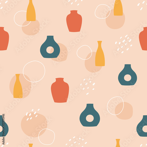Seamless pattern of hand drawn vases. Blue, yellow and red clay pottery and abstract shapes on pink background