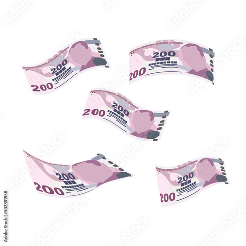 Turkish Lira Vector Illustration. Turkey money set bundle banknotes. Falling, flying money 200 TRY. Flat style. Isolated on white background. Simple minimal design.