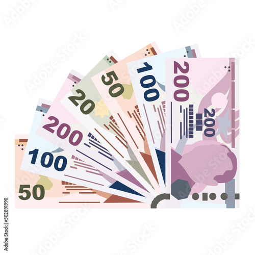 Turkish Lira Vector Illustration. Turkey money set bundle banknotes. Paper money 200, 100, 50, 20 TRY. Flat style. Isolated on white background. Simple minimal design. photo