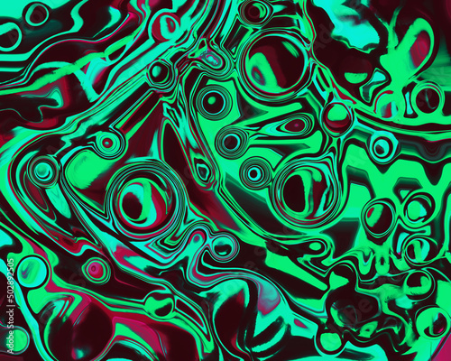 Fluid art texture. Decorative and messy background with spots and splashes of dark green and red color