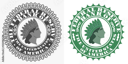 Vector fictional seals of the financial federal system and US banks. The head of a native Indian and a crown of bird feathers photo