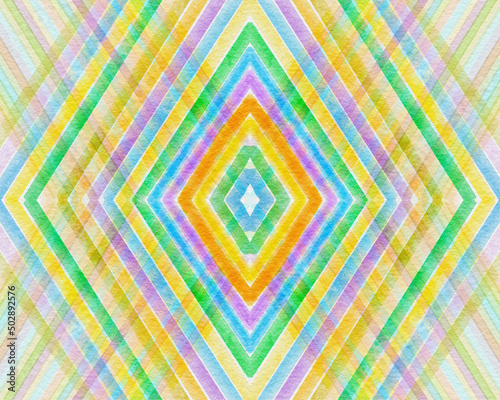 rhombuses drawn with watercolor and rainbow colors on a textured paper