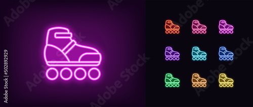 Outline neon roller skate icon. Glowing neon roller skate silhouette, skating rink pictogram