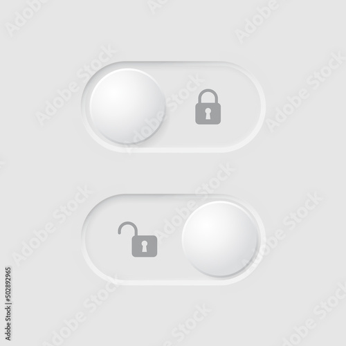 Button with lock and unlock mode. Neomorphism element design for user interface.