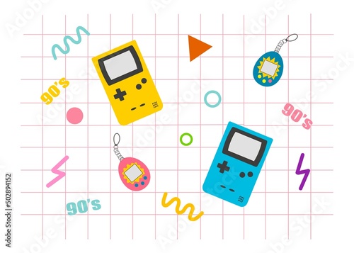 Set with retro electronic devices. Cute and stylish attributes from 90s. Hand drawn vector illustration.