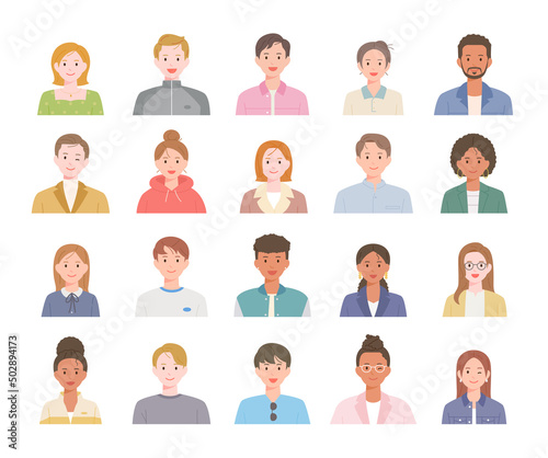 Collection of people upper body icons of different styles and races. flat design style vector illustration.	