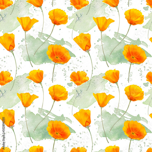 Fototapeta Naklejka Na Ścianę i Meble -  Watercolor california orange poppies isolated border. Hand painted illustration with sunny bright orange and yellow flowers to design invitations, postcards and other print