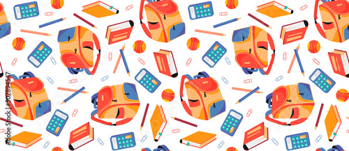 Seamless pattern with school supplies. Briefcase, pencils, calculator. Vector illustration