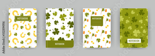Cover page notebook collection. Templates with green shamrock and St. Patrick day elements. Perfect for diary, books, magazines, journals, catalogs, planners and flyers. Vector layouts.