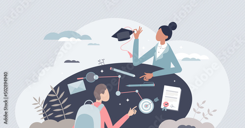 Guidance counselor as mentor and teacher for kids future tiny person concept. Children education path advise for successful knowledge potential vector illustration. Student direction coaching expert.