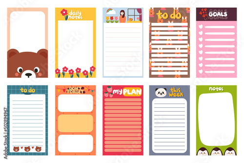 collection of note paper, to do list for weekly or daily planner, school scheduler and organizer