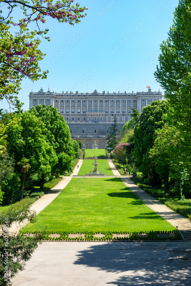 French gardens of campo del Moro in the Royal Palace of Madrid, copy space.