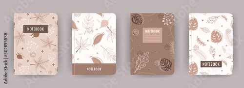 Cover page notebook collection. Templates with abstract autumn leaves. Perfect for diary, books, magazines, journals, catalogs, planners and flyers. Vector layouts.