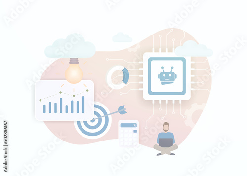 Data and AI Driven Marketing With Artificial intelligence 3d vector concept. Use of neural networks in marketing, which has learned from a large data collection, statistical studies and modern trends
