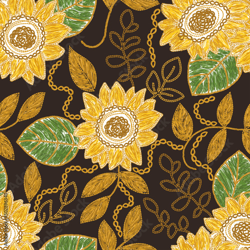 Ukrainian sunflower floral flower embroidery seamless pattern. Vector ethnic illustration